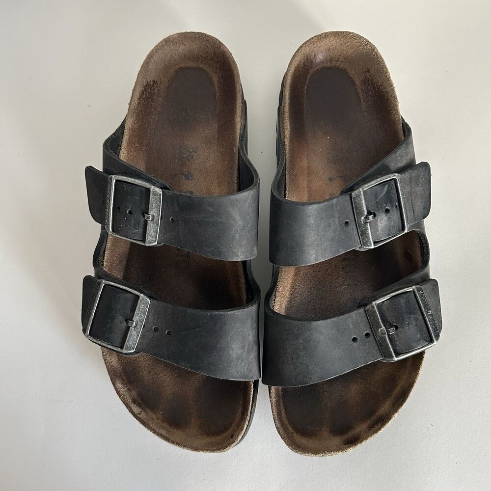Birkenstock Arizona Black Oiled Leather Slide Sandals EU 38 US L7 M5 Cork Flat
